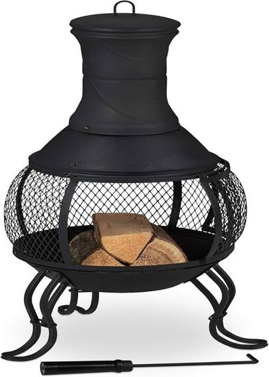 Brasero De Jardin En Métal Noir VOUNOT - 81 Cm Avec Couvercle Pare-étincelles Et Tisonnier - Idéal Pour Terrasses Et Soirées Extérieures - 1