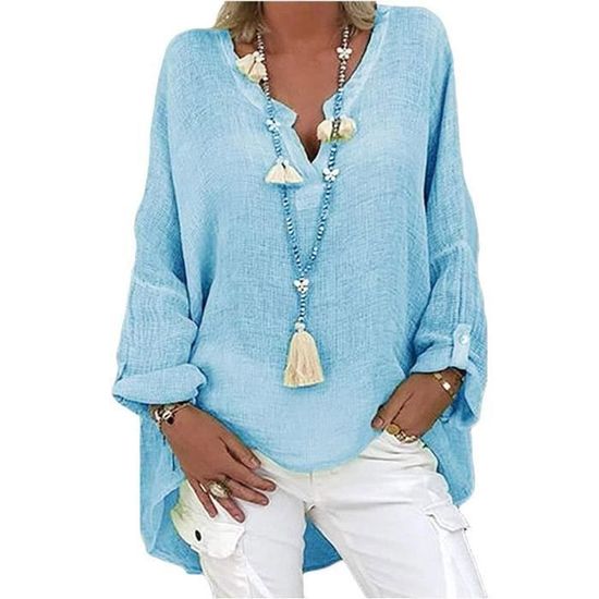 Chemisier Femme En Lin/coton - Manches Longues - Col V - Coupe Loose - Printemps/été - Grande Taille - Uni