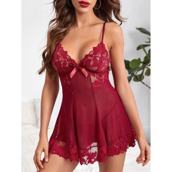 Robe Sexy, Nuisette À Volants Avec Dentelle Lingerie Sexy pour Femmes,  Couleur Unie Robe À Bretelles, Chemise De Nuit Lingerie String