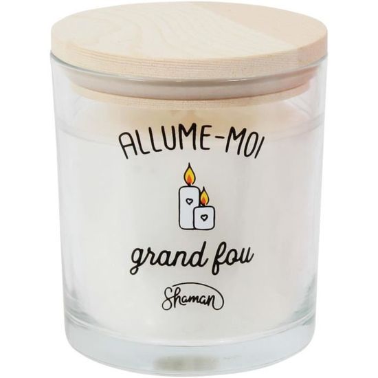 Le Fabuleux Shaman 39-1X-012 Bougie parfumée Allume-moi grand fou Blanc Pot verre Couvercle bois Senteur fleur de coton D8 x H10 cm