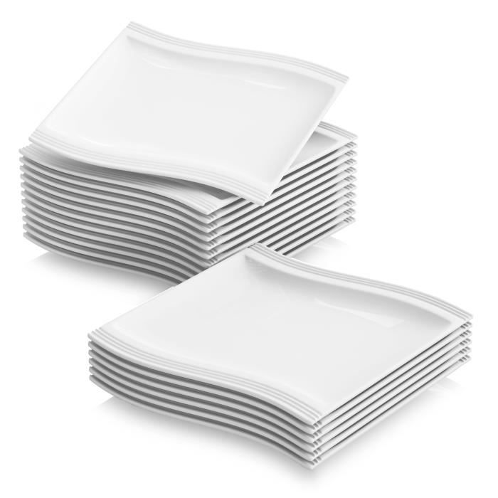 Malacasa Flora 18pcs Assiettes à Dessert Gâteau en Porcelaine 21cm Assiette Plate Carré Service de Table Vaisselles Céramique