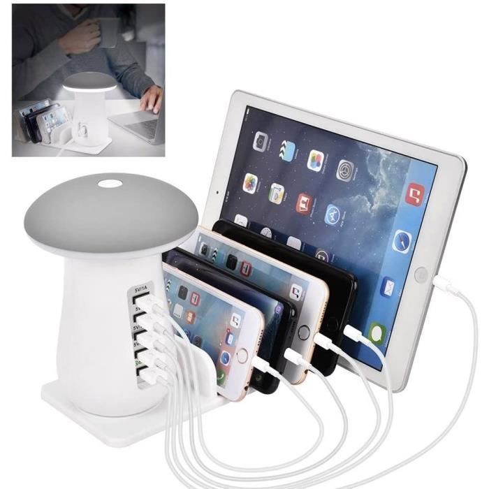 Station de Charge USB, Quick Charge 3.0 Chargeur Multiple USB avec 5 Ports USB de Recharge, Champignon LED Lampe