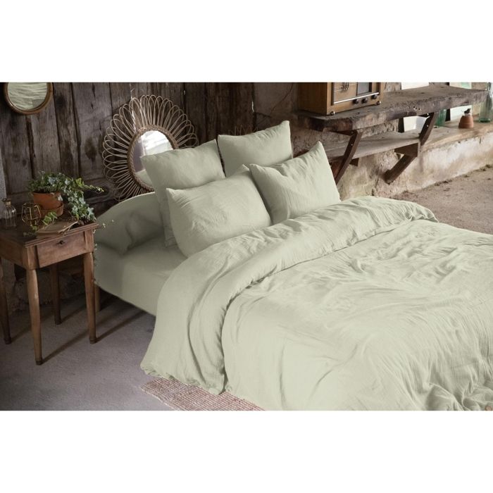 CDaffaires Pack gaze de coton parure de couette 220x240 cm + drap housse 140x190 + 2 taies 60x60 Vert