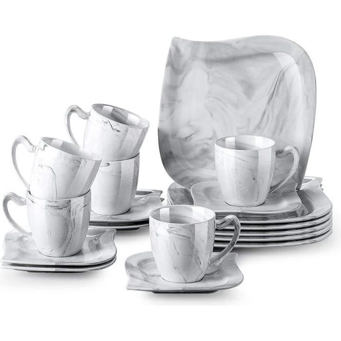 MALACASA, Série ELVIRA, 18 pcs Service de Table Porcelaine Marbre,6 Assiettes à Dessert, 6 Tasses à Café, 6 sous-Tasses