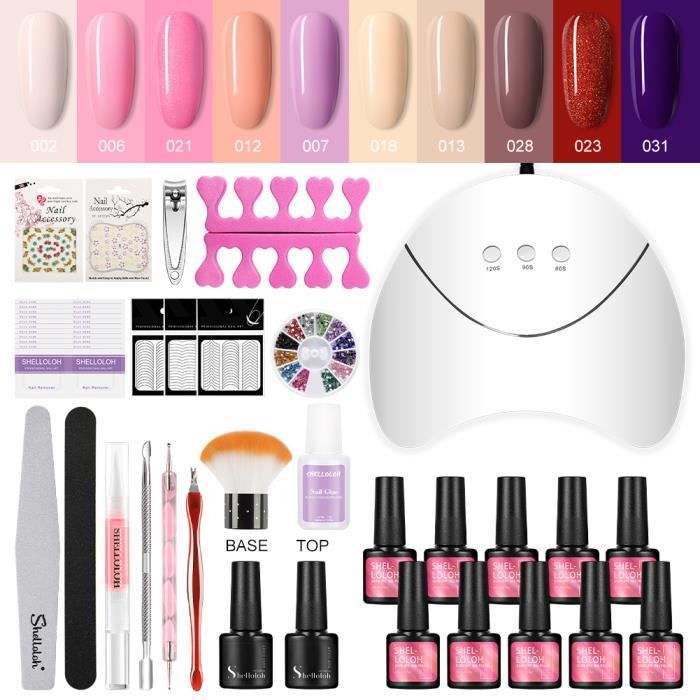 Shelloloh Kit Vernis Semi Permanent 36W Lampe UV/LED Gel Polish Top Coat Base Coat Strass à Ongle Dissolvant Limes Kit Manucure