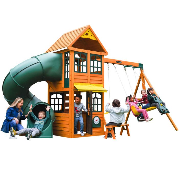 KidKraft Aire de jeux portique en bois Cloverdale Fort avec toboggan balancoires et mur d escalade Cdiscount Jeux Jouets