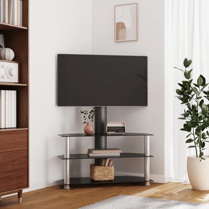chic armoire télévision moderne meuble tv d'angle 3 niveaux pour 32-70 pouces noir et argenté fr57706