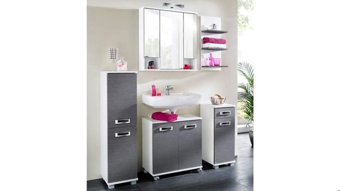 ensemble 4 meubles de salle de bain gris blanc - placards - étagères - miroir - design moderne