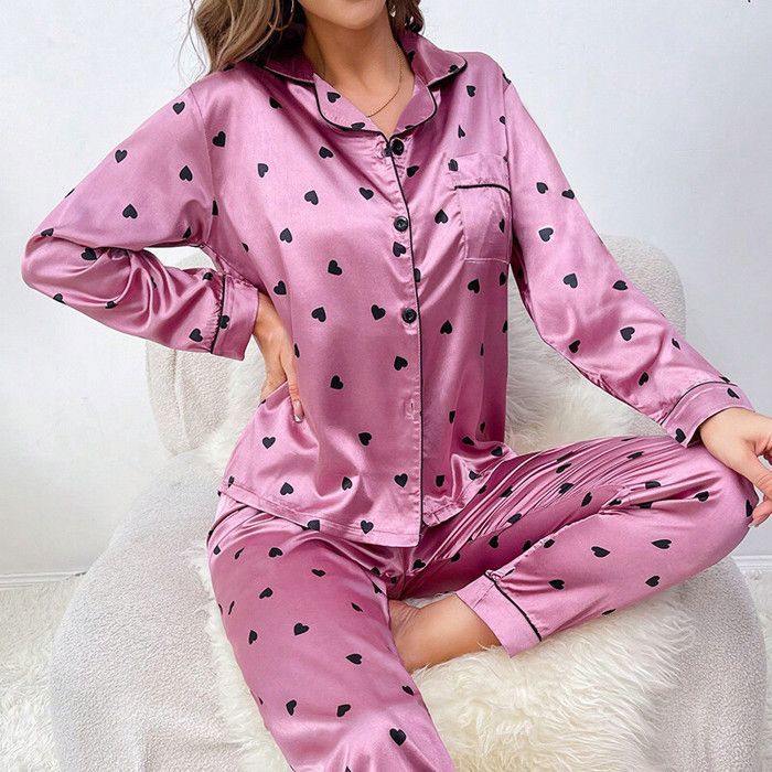 Ensemble pyjama en satin pour femme,chemise à manches longues avec ...