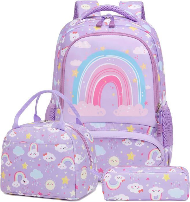 Sac à Dos Enfant Fille Arc-en-Ciel - Pack 2 Avec Trousses - Sac Scolaire Primaire - Matériau Brillant Et Résistant