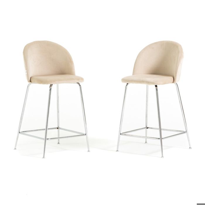 Tabourets - SARA - XL - Velours Crème - Pieds Métal Argentés - Hauteur dassise 65 cm