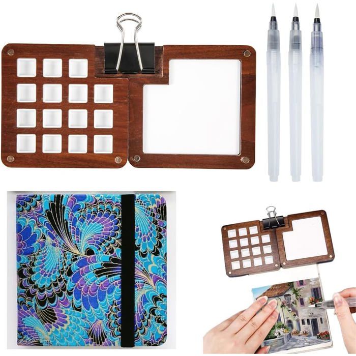 Kit Aquarelle Miniature De Voyage - Palette Magnétique En Bois Avec 12 Couleurs & Carnet - 6x3 Cm - 5
