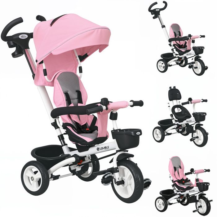 Tricycle Bébé Évolutif 4 En 1 Bleu - Poignée Poussée Réglable, Canne, Cloche Et Rétroviseurs, 9 Mois à 5 Ans