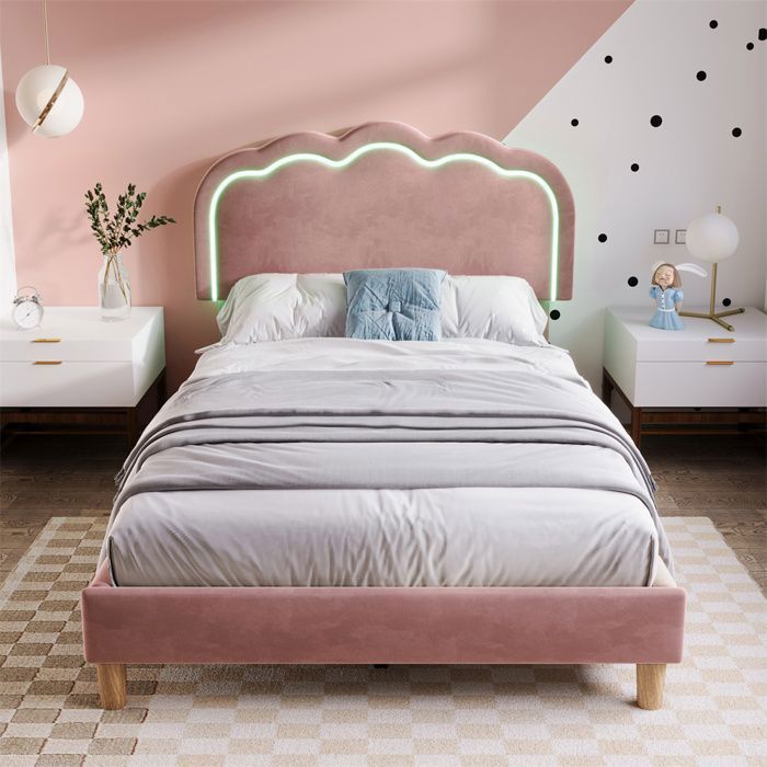 Lit adulte - YEHTOKHOME - 90 x 200 cm - Tête de lit rembourrée réglable - Éclairage LED multicolore