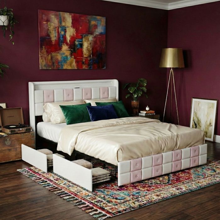 Lit rembourré 140 x 200 cm Lit fille avec 4 tiroirs Lit 2 places avec LED et USB Sommier à lattes inclus Velours Blanc et rose