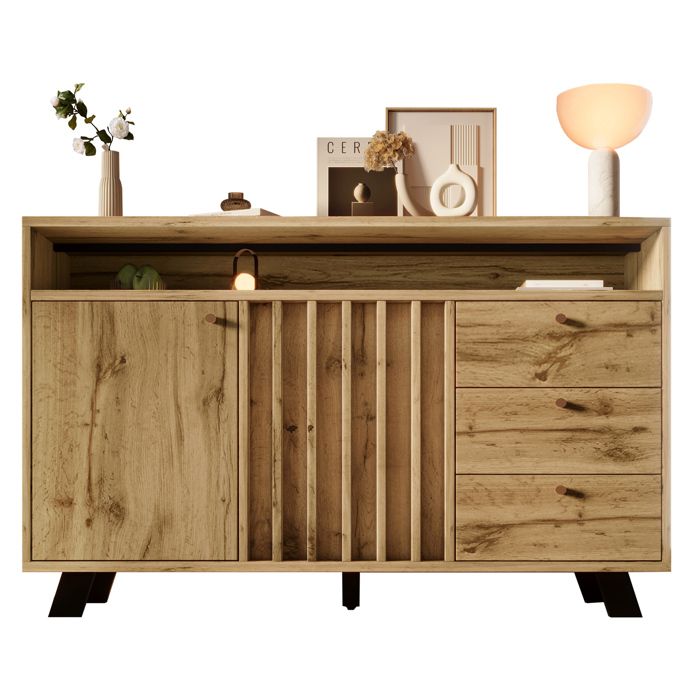 Buffet de cuisine avec 3 tiroirs. 2 portes à façade lamelles. étagère réglable. MDF/PB. chêne foncé. 120x40x85 cm