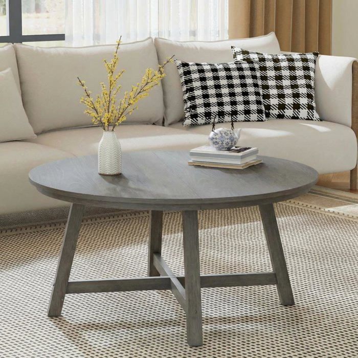 Table basse industrielle - LUNSY - 91 cm de diamètre - Gris - Pieds réglables - Plateau en bois composite