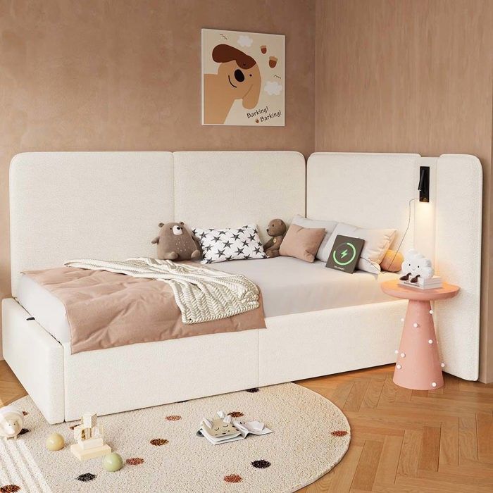 Canapé-lit rembourré 90 x 200 cm - Boucle - Coffre de rangement hydraulique - Lampe lecture 360° + USB/Type-C - Velours bouclé beige