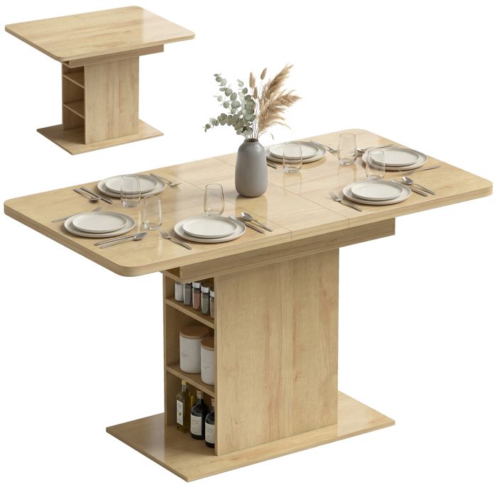 Table à manger extensible - HOMCOM - 6 étagères ouvertes ouvertes et compartiment - 4 à 6 personnes - MDF - 110-130cm - bois naturel