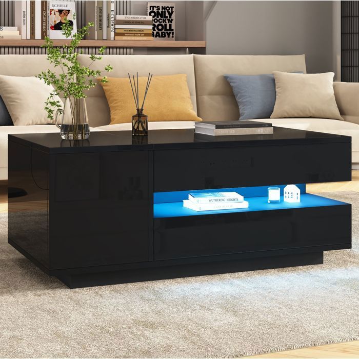 Table basse relevable noire brillante avec LED tiroir placard et rangement