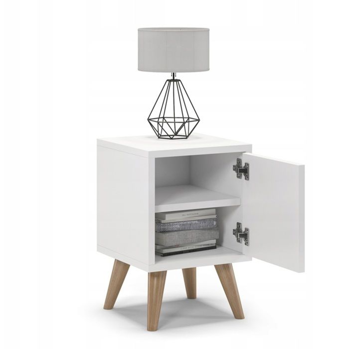 Table de chevet scandinave Oslo 30x30x45 cm porte réversible gauche/droite coloris blanc meuble compact