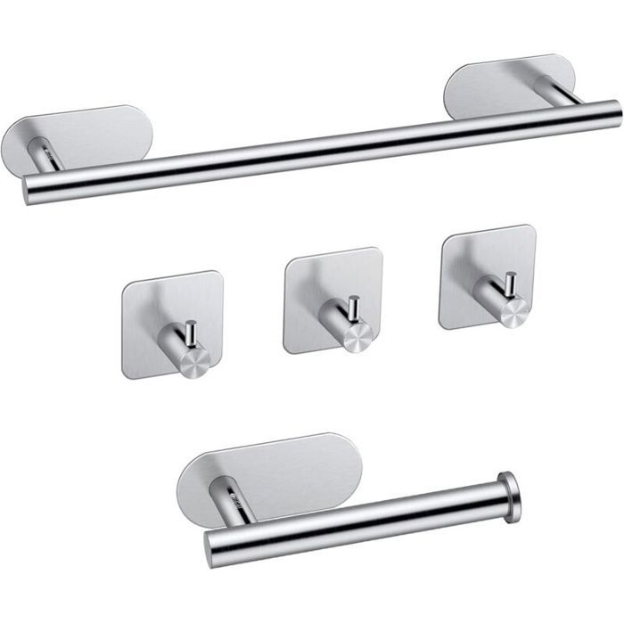 Kit porte-serviettes salle bain 40cm inox 304 adhésif argent avec porte-papier et 3 crochets