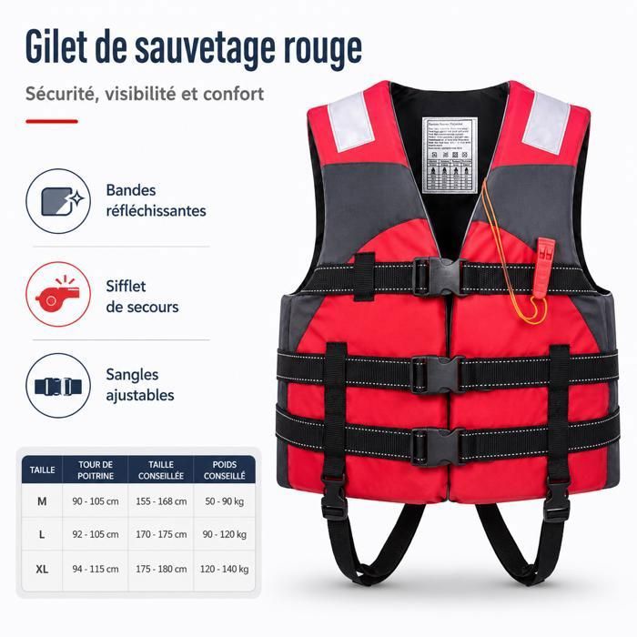 Gilet de sauvetage - AProsp - H8 - adulte enfant forte flottabilité réfléchissant sifflet natation nautique Bateau Voile - Rouge