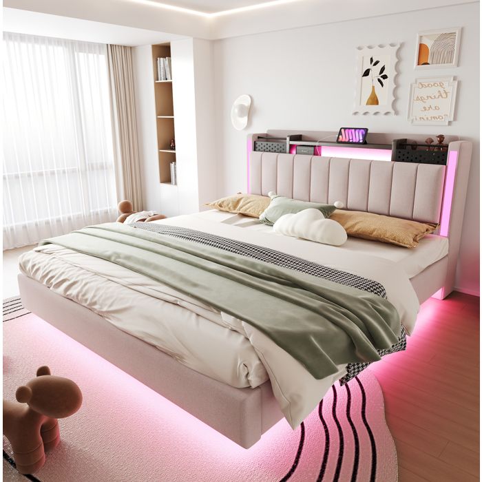 Lit coffre adulte 160x200 cm design moderne LED prise USB rangement sommier à lattes inclus lin beige sans matelas