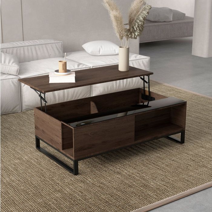 JOINERY Table basse relevable avec rangement 102 x 58 x 35 5 cm noyer noir plateau verre acier pour salon moderne