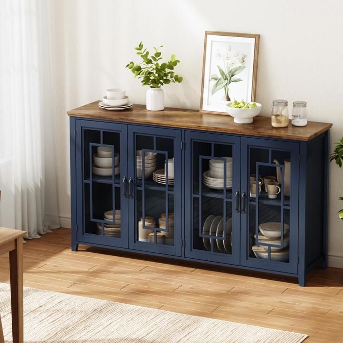 Buffet de cuisine 160x40x86 cm meuble de rangement avec portes vitrées grand compartiment plan de travail aspect bois MDF Bleu
