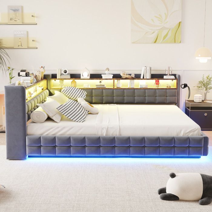 Lit combiné lit double coffre étagères USB Type-C et LED 140×200 cm sans matelas gris