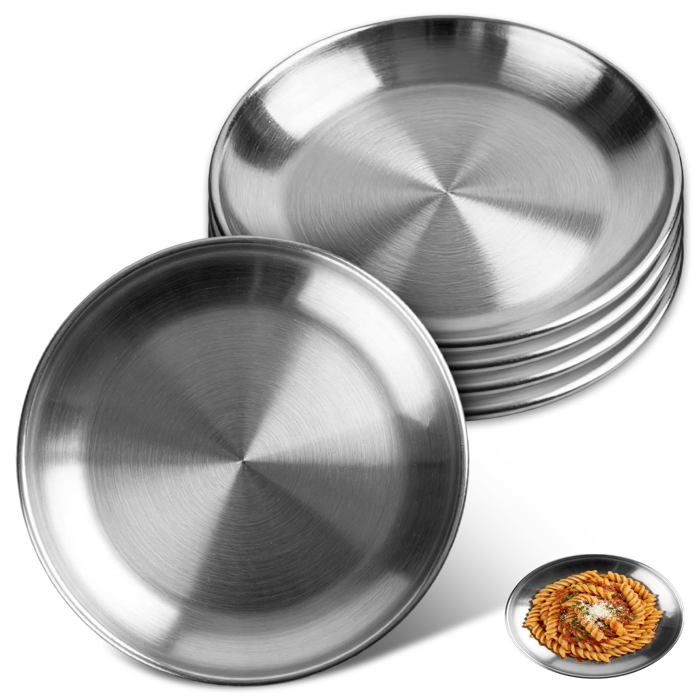 Assiettes inox plates - GRANDSALEY - 20 cm - Lot 5 pièces - Incassables - Légères - Lave-vaisselle