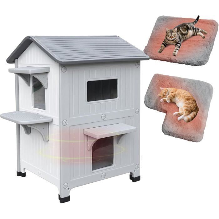 Niche Chat Extérieur 2 Étages Plastique HDPE Isolé Étanche avec Coussin Porte Secours Abri Empilable toute Saison