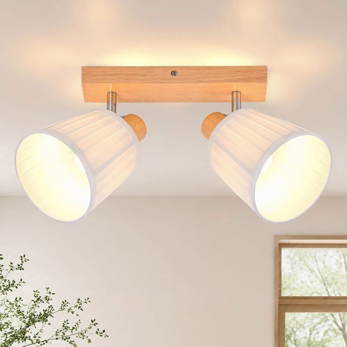 HOMEFIRE - Spot Plafond 2 Lumières E14 en Bois Vintage Orientable 350° avec Abat-Jour Tissu Lampe Salon Chambre Cuisine
