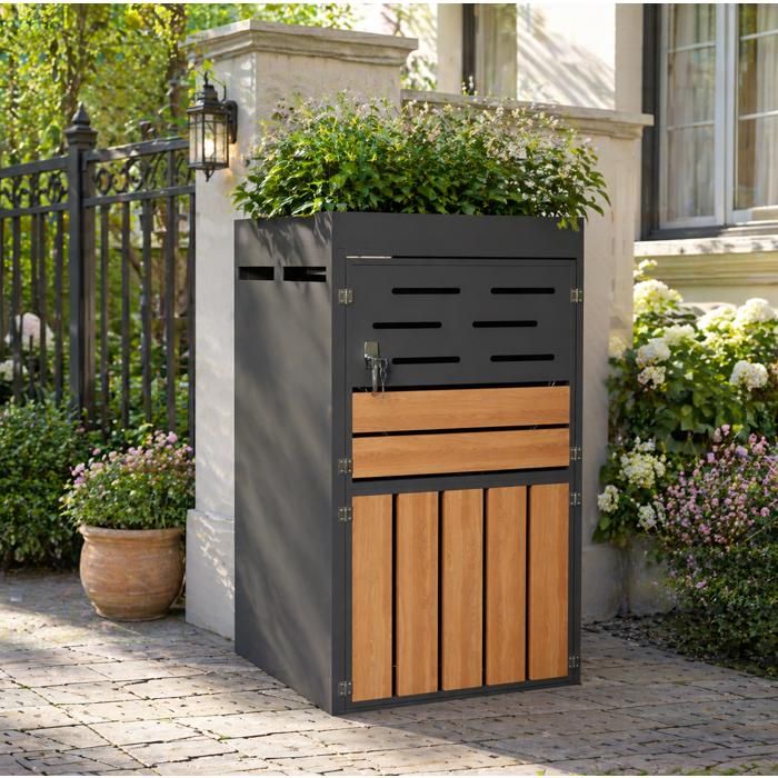 Meuble rangement extérieur 2-en-1 avec bac à plantes intégré ventilation à lamelles acier galvanisé gris TYNQER