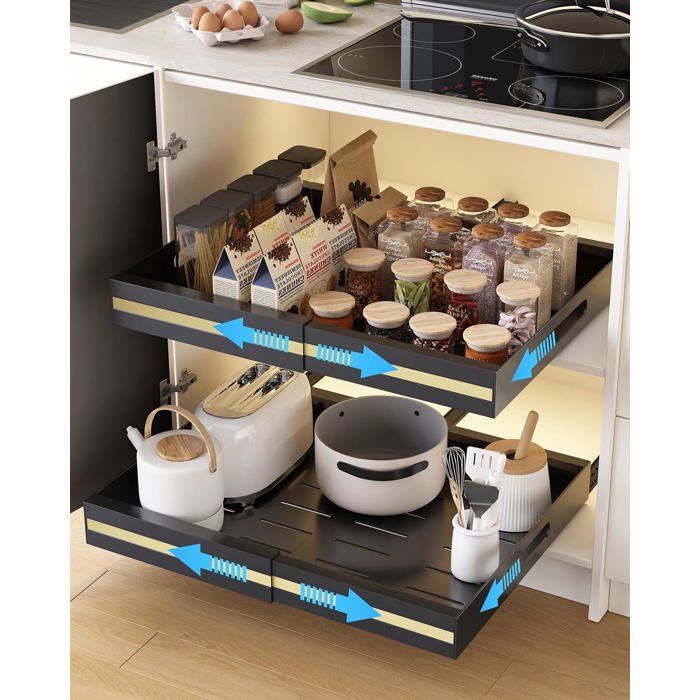 Lot de 2 tiroirs de cuisine coulissants - adhésifs extensibles 30.5-51.5 cm acier carbone noir organisateurs de placard