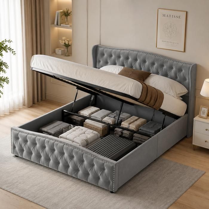 Lit coffre 160x200cm avec rangement lit capitonné en gris lit double 160x200 sommier relevable hydraulique tête et pied cloutés