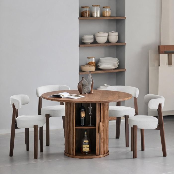 Table ronde 120 cm en bois synthétique classic brown avec double rangement style campagne pour 4 à 6 personnes