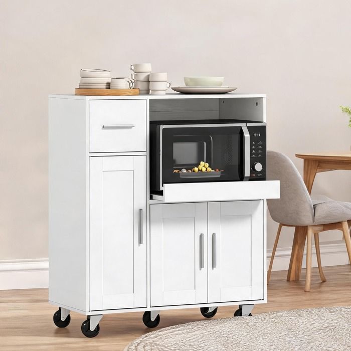 Meuble de cuisine roulant 80x40x887 cm en panneau de particules blanc avec plateau coulissant tiroir placards et compartiment