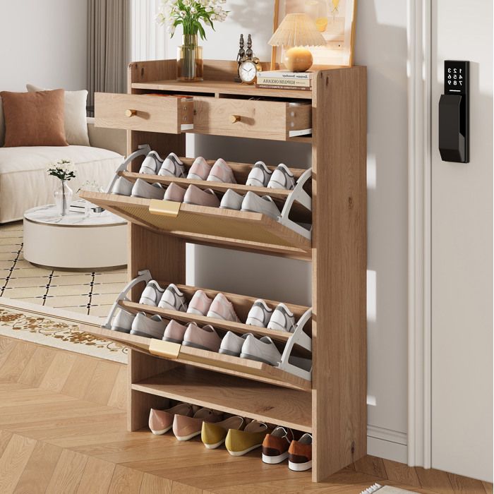 WOVREO Meuble à chaussures étroit 2 compartiments basculants 2 tiroirs effet rotin décor bois naturel 65 x 25 x 106 cm