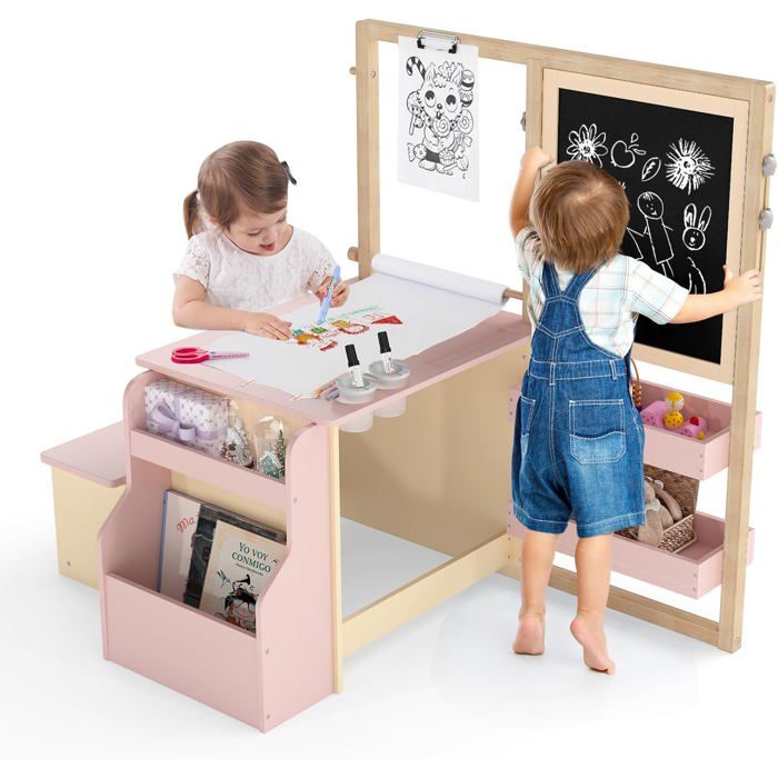 DREAMADE Bureau enfant avec banc et chevalet Bois massif Gris/Café/Blanc 114x81x100 cm