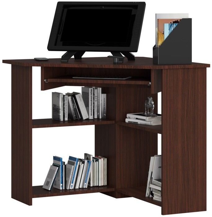 Bureau d'ordinateur AKORD d'angle TED Wengé 80 cm bureau informatique couleur Wengé , 5 étagères - 80x80x74 cm