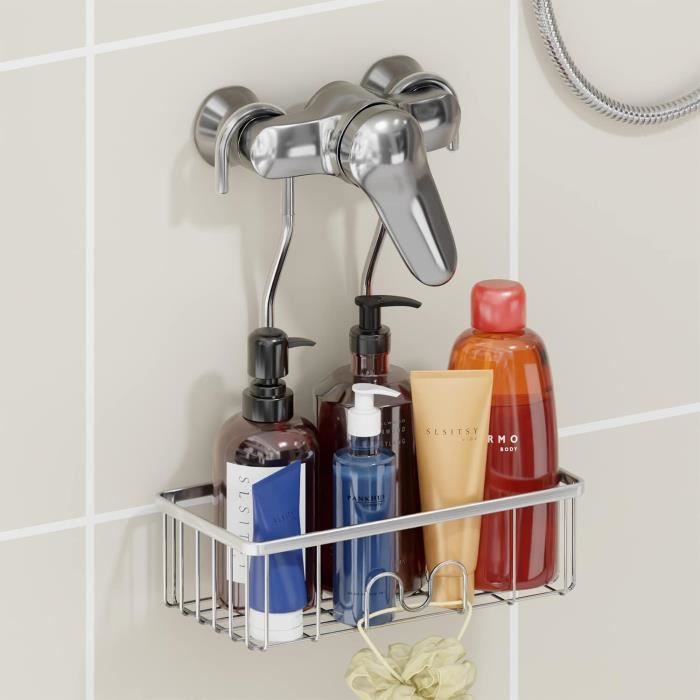 Relaxdays Étagère De Douche à Suspendre, 2 Paniers, 8 Crochets, étagère De Douche Sans Perçage, En Aluminium, Support De Shampoing, Noir