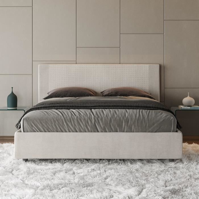 Lit double Norris Rosal 160x210 - Design contemporain - Tissu Labyrinthe - Blanc Lit double Norris Rosal 160x210 - Design contemporain - Tissu Labyrinthe - Blanc