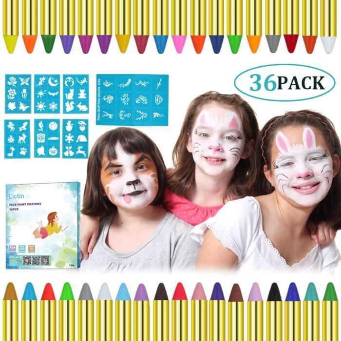 36pcs de Peinture Faciale Crayon Maquillage Enfant Fêtes Lictin Visage Peinture Enfants Carnaval Idéal pour Noël Cosplay with 48 Stencils