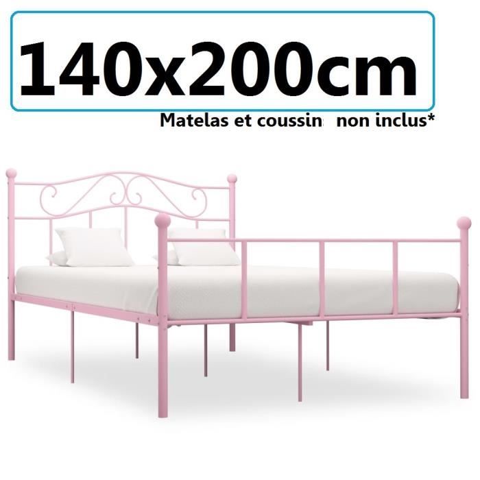 lit cadre metal 140x200cm rose chambre invite simple pas cher leger effet fer forge cdiscount maison