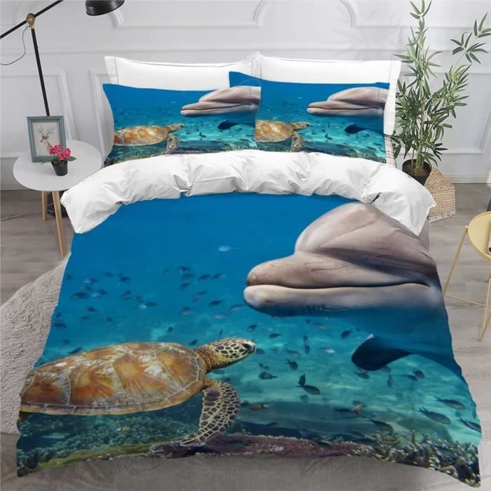 Housse De Couette Enfant 140x200 Cm - Motif Tortue De Mer, Microfibre Douce, Avec Taies D'oreiller