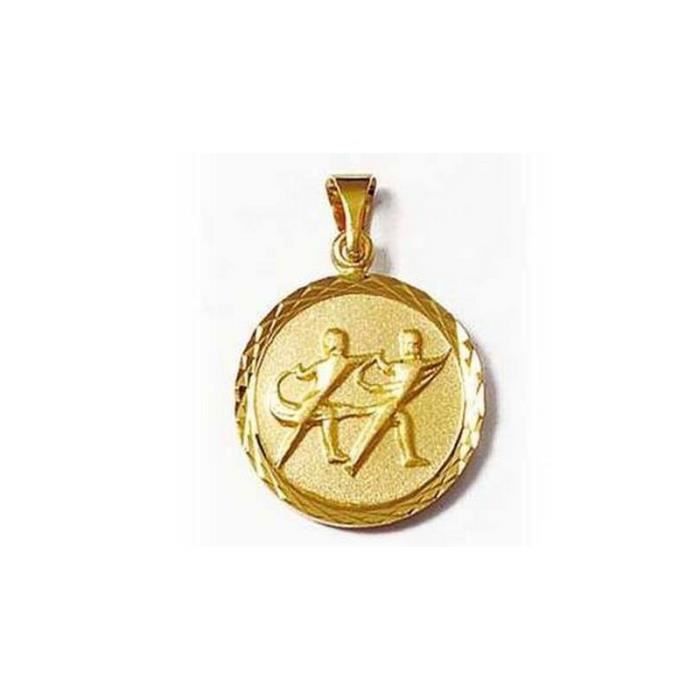 Pendentif en plaqué or médaille signe du zodiaque latin Gémeaux et zirconium