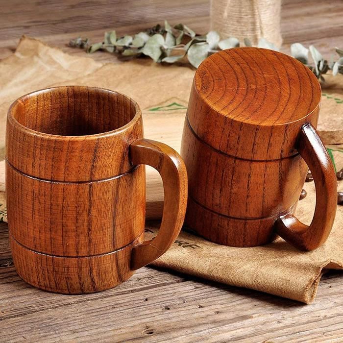 Lot de 2 tasses à bière rétro en bois 320 ml pour hommes, tasse à boire en  bois faite à la main avec poignée, tasse à bière en boi - Cdiscount Maison