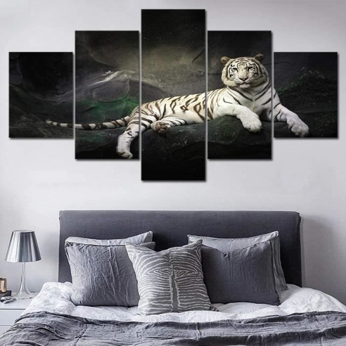 Toile Mur Tableau 5 Piece Tigre Blanc Art Paysage Decor A La Maison Imprimer Peinture Image Avec Cadre 100x50cm 1814 Cdiscount Maison